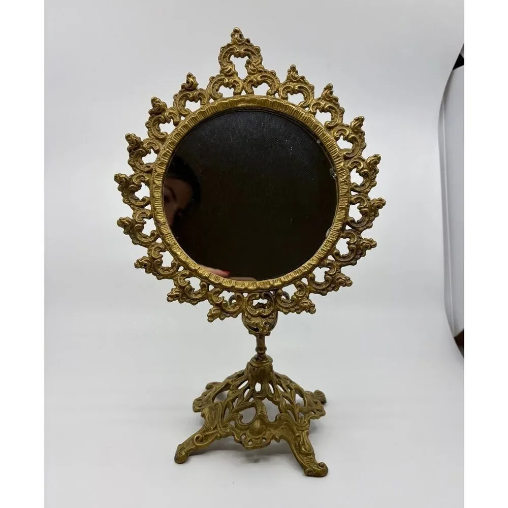 Vintage Ornate Brass Standing Adjustable Swivel Makeup Vanity Mirror Frame Swive